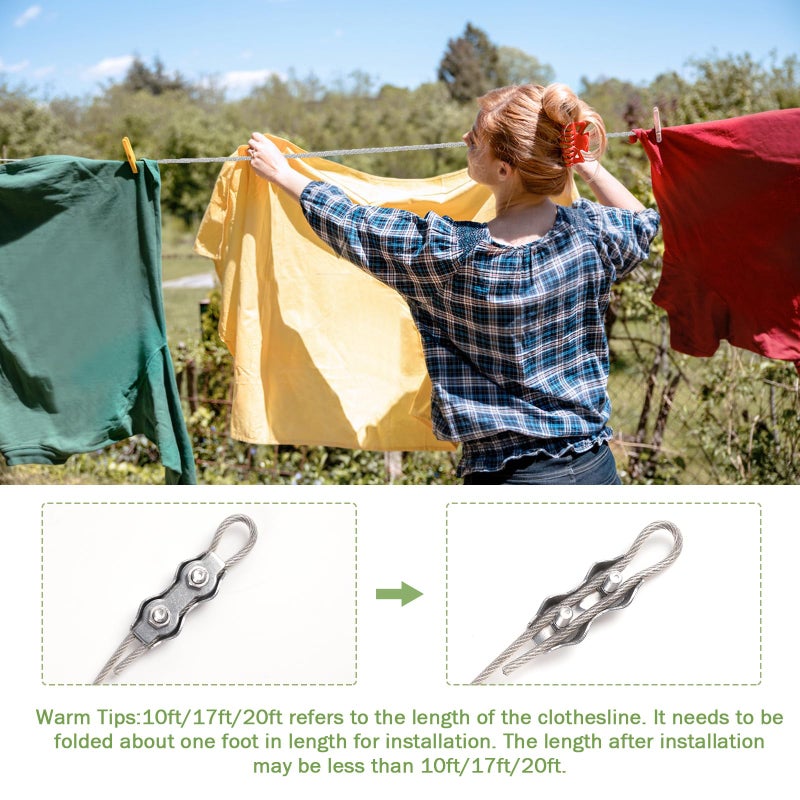 DEWEL 10.8FT/3.3M Stainless Steel Clothes Lines for Hanging Clothes Outside - DEWEL Clothesline Heavy Duty for Wire Curtain Hanging - Windproof Anti-sag Multipurpose Outdoor Clothesline - Image 2